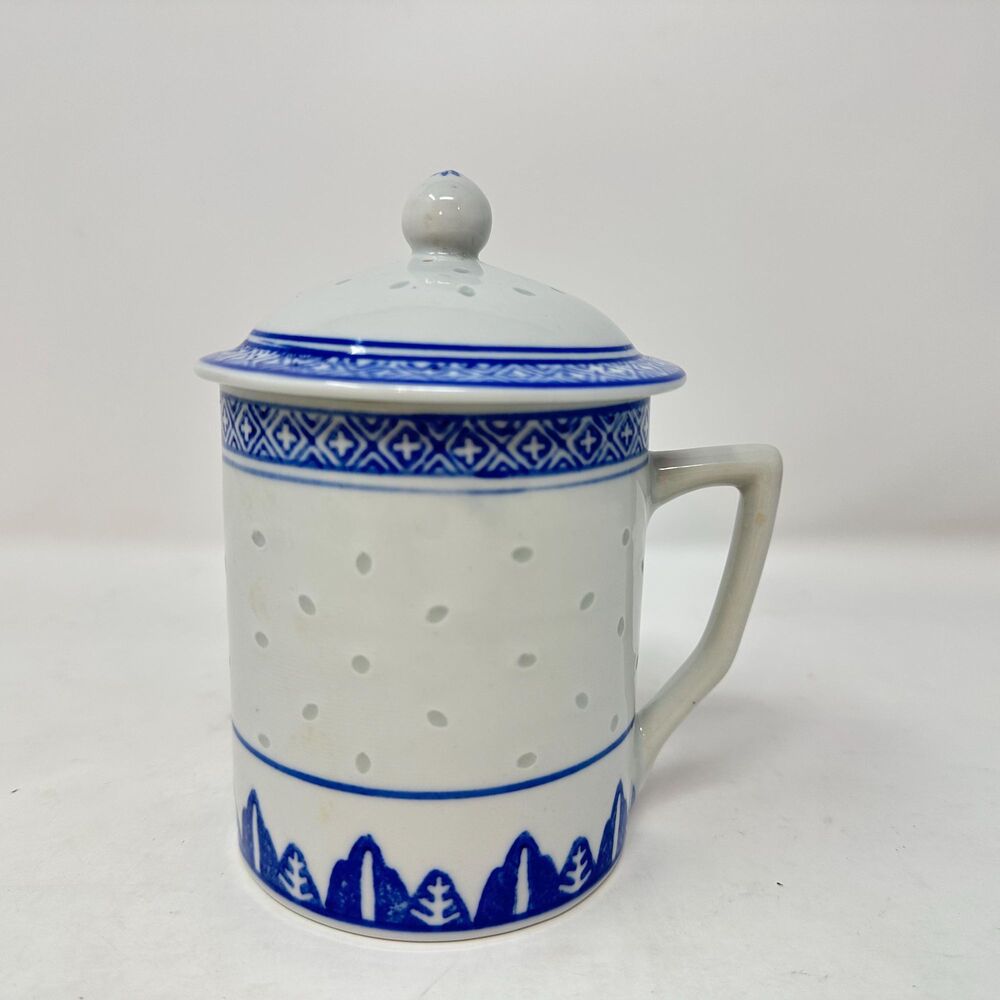 Vintage Jingdezhen Chinese Rice Grain Blue White Porcelain Lidded Tea Mug Cup